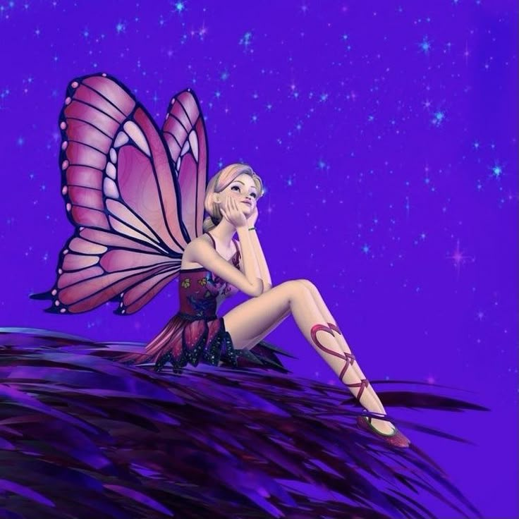 a painting of a woman sitting on top of a purple hill with a butterfly flying over her head