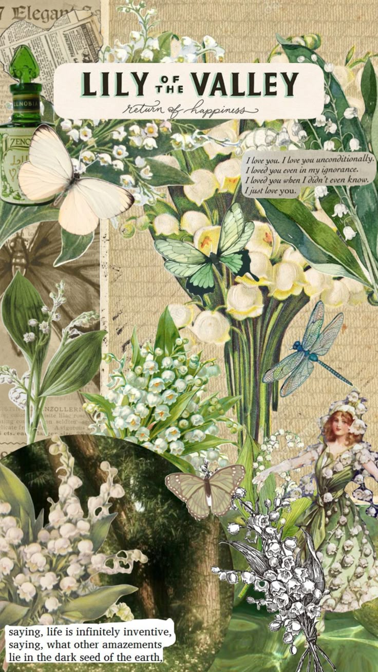 a collage of flowers and plants with the words lily of valley written in white