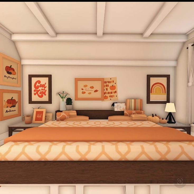 a bed room with a neatly made bed and pictures on the wall