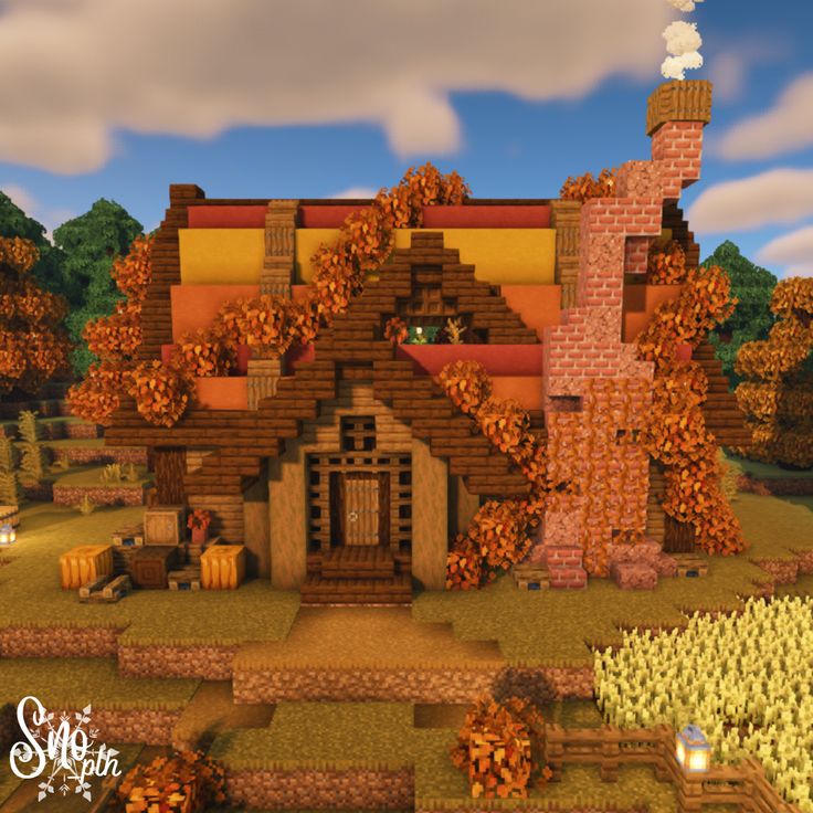 An autumn cottage in Minecraft. A warm chimney made of brick and granite on the front with smoke slowly emulating from the top. A red, orange, and yellow festive autumn roof shrouded in orange leaves and lined with dark oak. Cozy accents of window boxes, barrels, and pumpkins let you know this is your home for the autumn season. Pumpkin patches and small wheat crop fields frame either side of the house. Mincraft Fall House, Cute Fall Minecraft Houses, Minecraft Fall Cottage, Autumn Minecraft Aesthetic, Minecraft Halloween Banner Designs, Halloween Themed Minecraft House, Orange Minecraft Aesthetic, Cute Halloween Minecraft Builds, Minecraft Fall Wallpaper