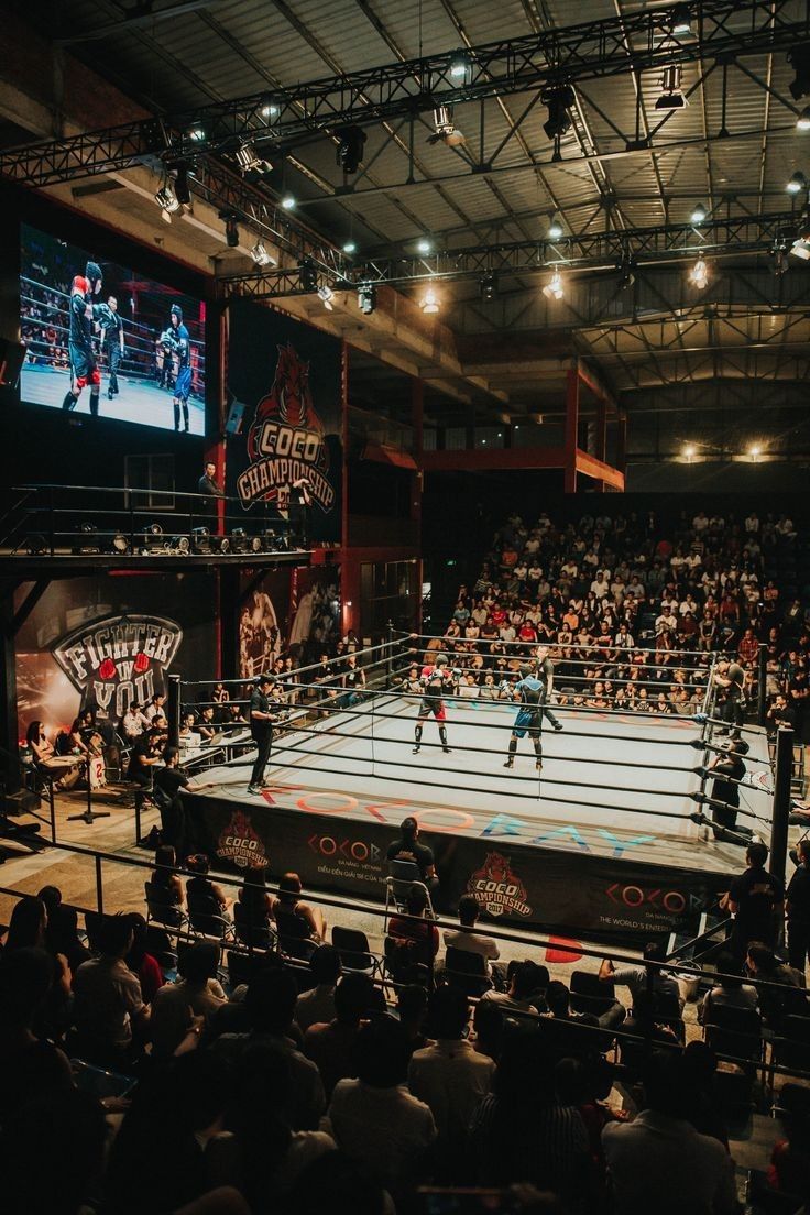 an indoor boxing ring with people watching