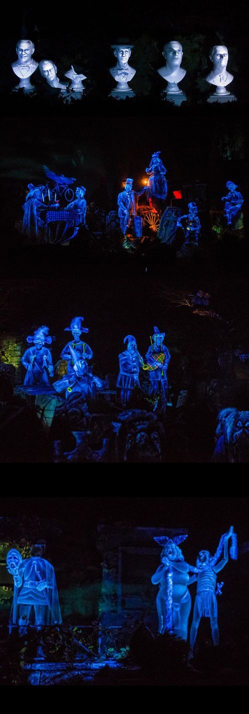 three different images of people riding horses in the dark, with blue lights on them