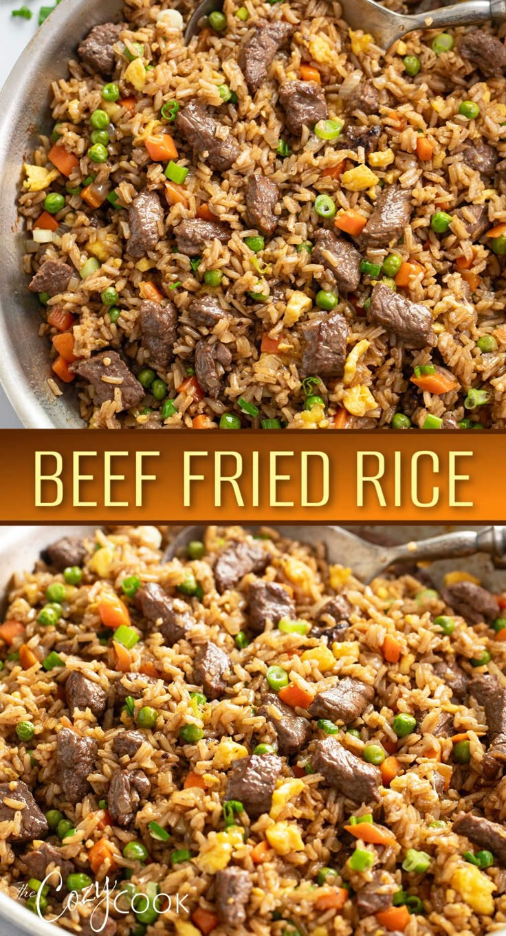 beef with fried rice and a mix of vegetables. Beef Fried Rice Recipe, Rice With Vegetables, Vegetable Fried Rice Recipe, Flavorful Rice, Beef Fried Rice, Fried Rice Recipe Easy, Chinese Cooking Wine, Fluffy Eggs, Vegetable Fried Rice