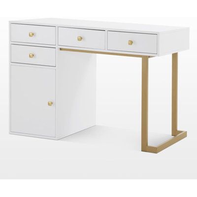 a white desk with two drawers and gold handles on it, against a white background