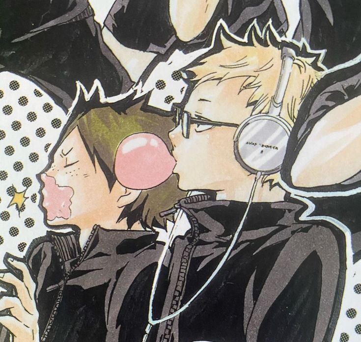 two anime characters with headphones on, one is kissing the other's cheek