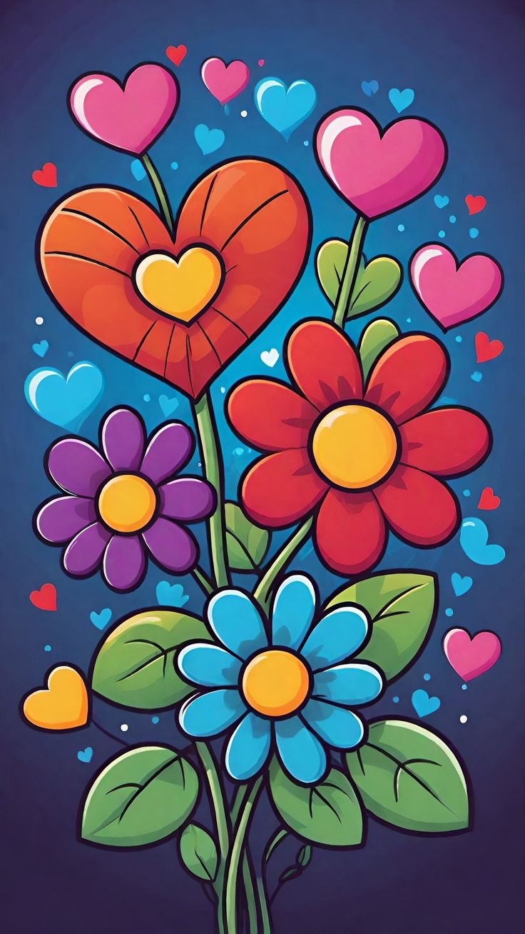 colorful flowers with hearts on a blue background