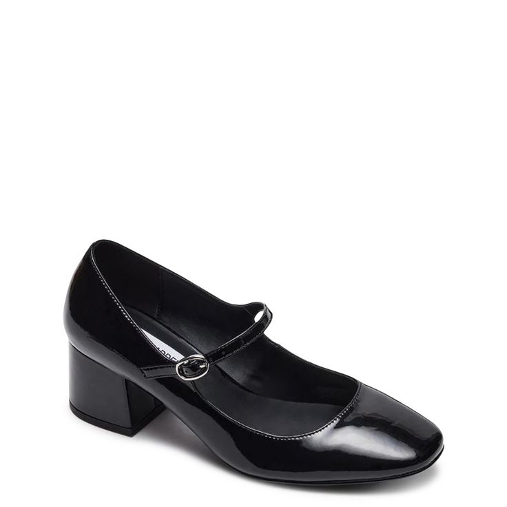 Lend a timeless elegance to your look with these women's Steve Madden Hawke black low heel dress shoes. Made of synthetic upper and lining, these Mary Jane shoes have almond toe and adjustable ankle strap with buckle closure for a precise fit. The lightly padded footbed offer comfort and self-covered block heel elevates this silhouette. | Steve Madden Women's Hawke Mary Jane Pump in Black Size 5. 5 Medium Comfortable Low Heeled Dress Shoes, School Heels Black, Low Heel Mary Janes, Steve Madden Mary Janes, School Shoes Black, Low Heel Dress Shoes, Dream Products, Mary Jane Shoes Black, Zapatos Mary Jane