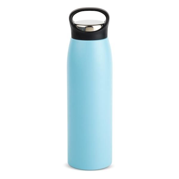 a light blue water bottle with a black lid and handle on the side, isolated against a white background