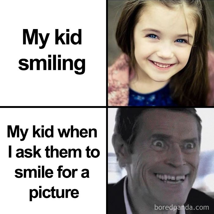 two pictures with the caption my kid smiling, my kid when i ask them to smile for a picture