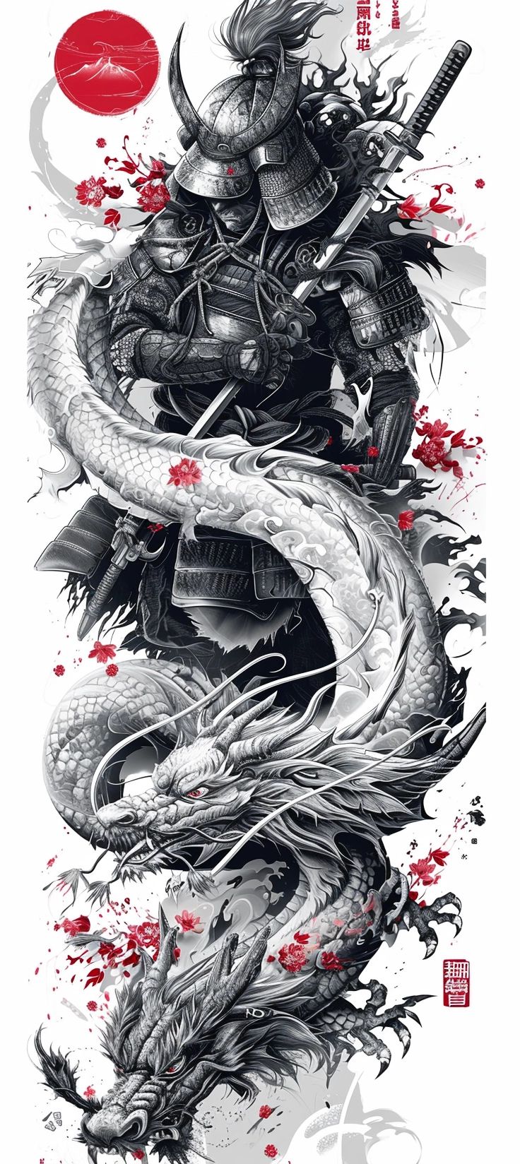 a drawing of a dragon and a knight on the side of a white sheet with red ink