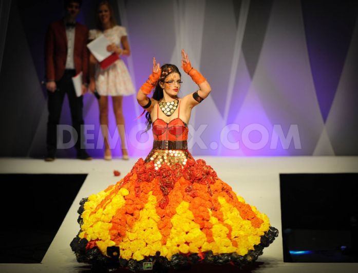 'Super Nova' pictured on the catwalk during the Junk Kouture Recycled Fashion competition grand finale in 2013. Junk Kouture Recycled Fashion, Junk Kouture, Fashion Competition, Super Nova, Metal Bottle, Recycled Fashion, Paper Napkins, Dream Wardrobe, Recycling