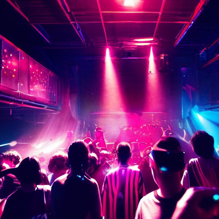 a group of people standing in front of a stage with bright lights on the ceiling