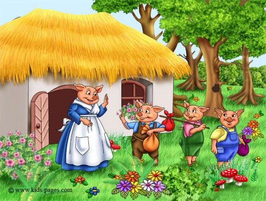 the three little pigs are playing in front of their house with two mice and one mouse