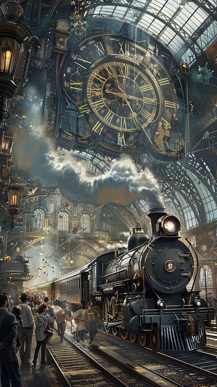 an artistic painting of a steam engine train in a station with people looking at it