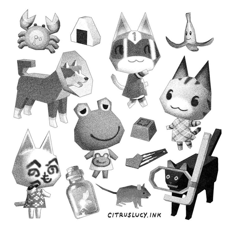 an ink drawing of cats and dogs in various poses, with the caption citruslucy ink