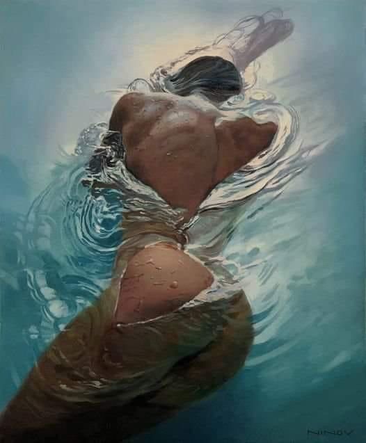 a painting of a woman swimming in the water with her back turned to the camera