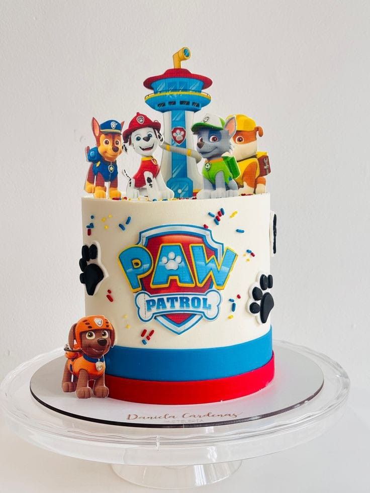 a birthday cake with paw patrol characters on it