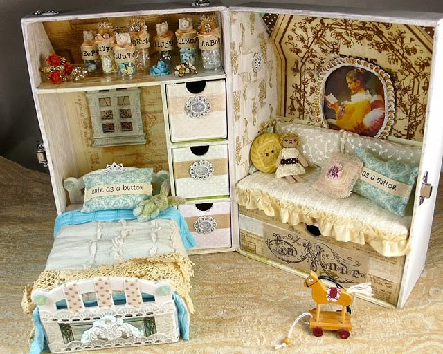 a doll house with furniture and accessories in the interior, including a bed, dresser, toy horse and other items