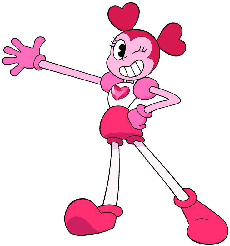 an animated pink girl with hearts on her head and arms, holding out her hands