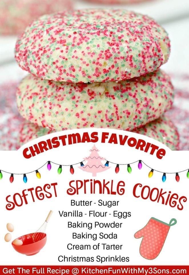 christmas cookies are stacked on top of each other with the words softest sprinkle cookies