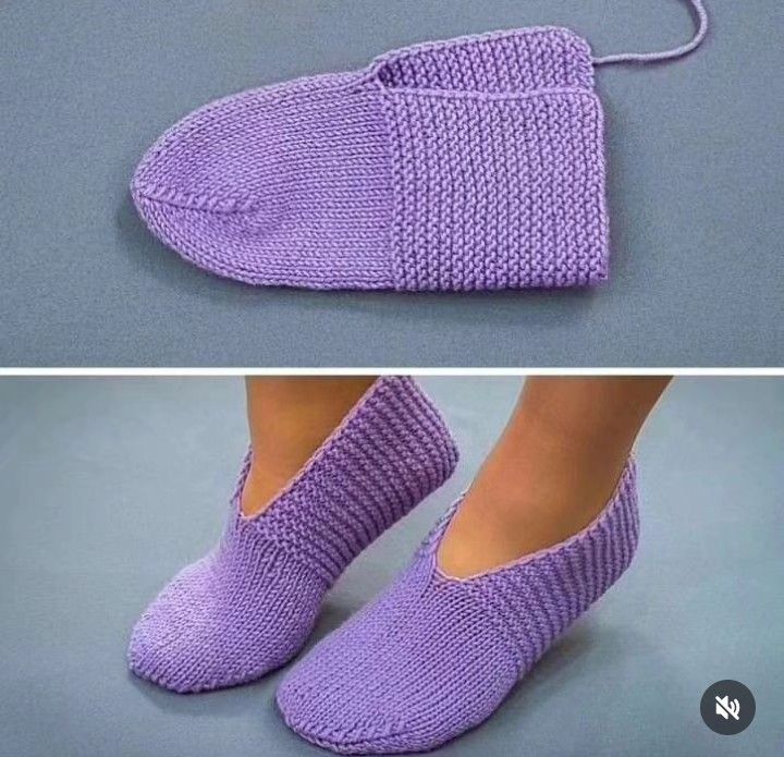 two pictures of someones feet in slippers made out of knitting yarn