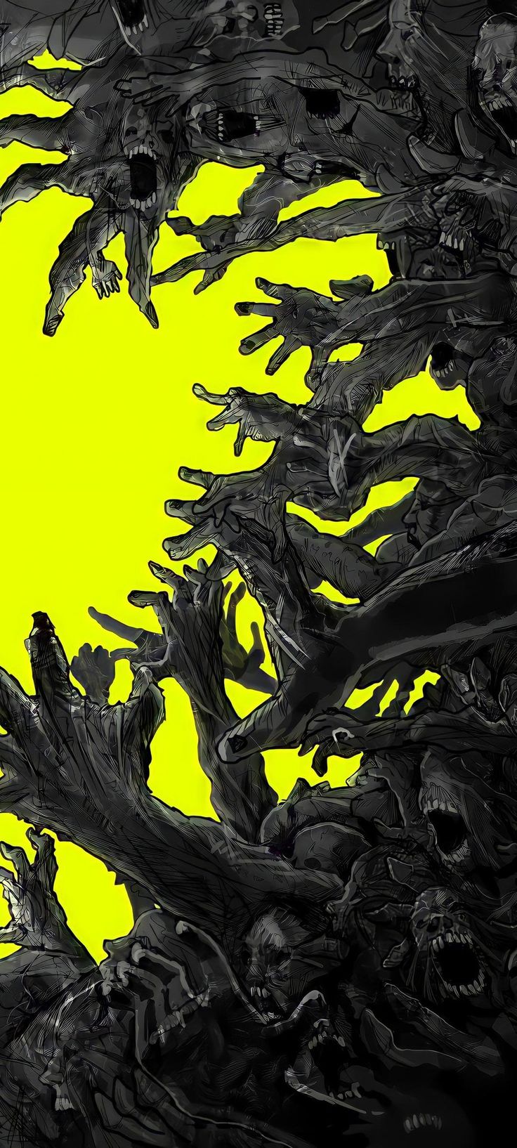 an image of a group of zombies in front of a yellow background with black and white colors