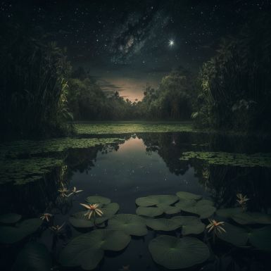 a pond with lily pads in the foreground and a night sky filled with stars above it