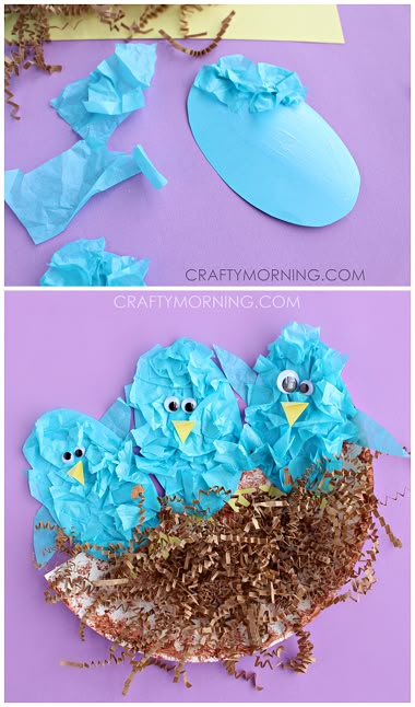 paper plate birds made to look like they are sitting in the nest with flowers on it