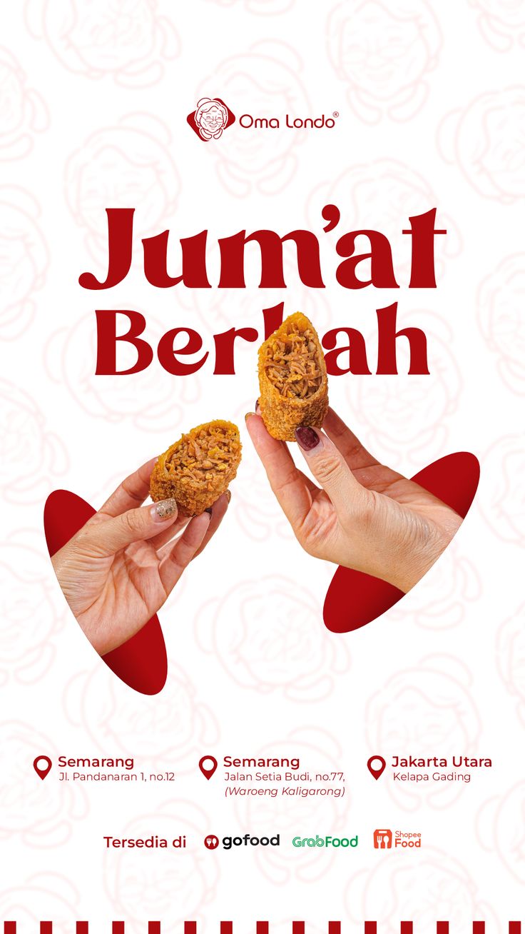 two hands holding cookies with the words jumaj berbah in red and white