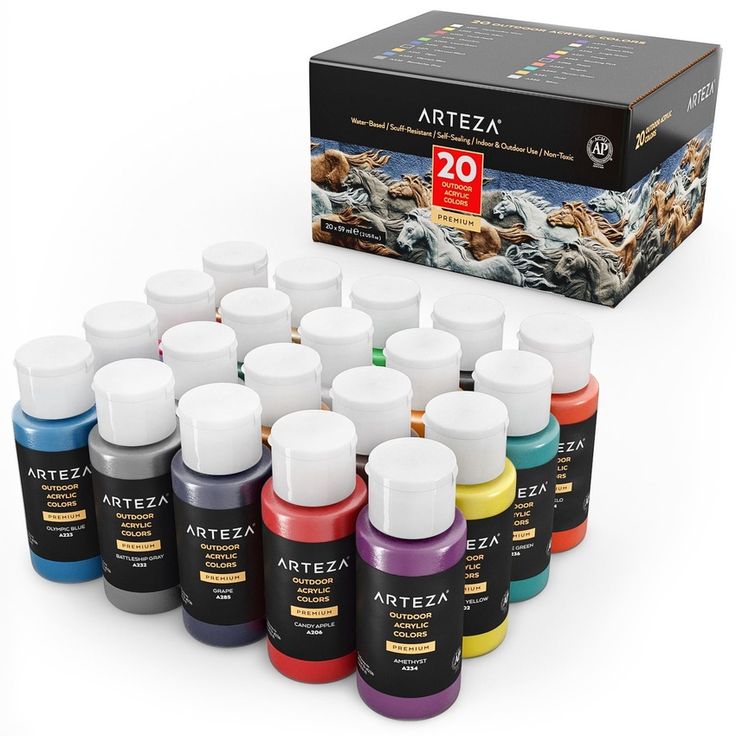 an assortment of artzex acrylic paint bottles in front of a box