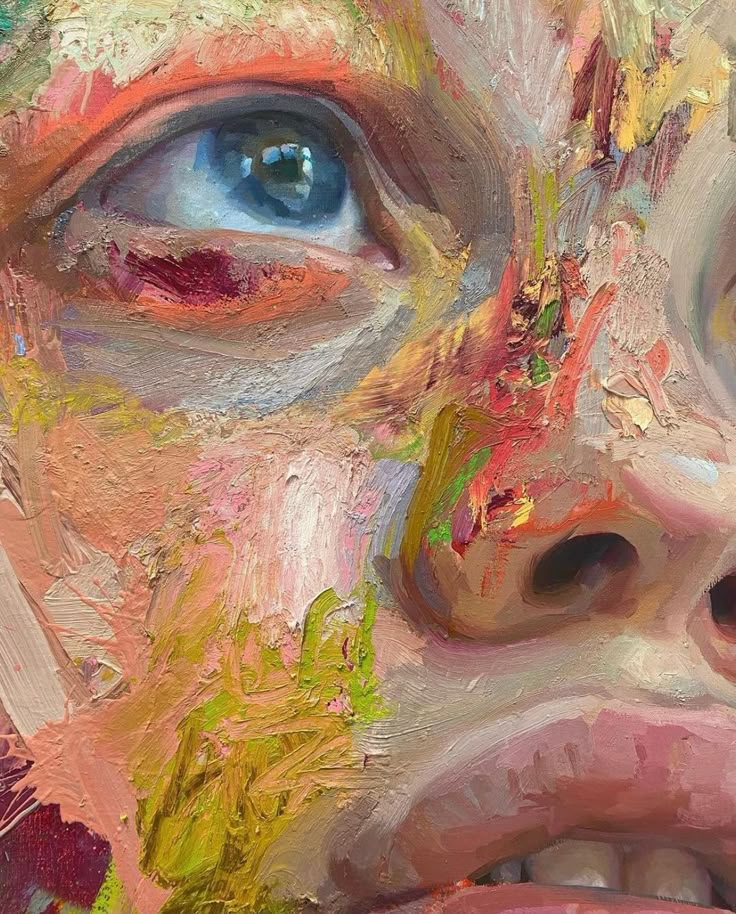 an abstract painting of a man's face with blue eyes and colorful paint all over it