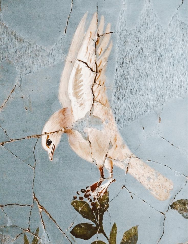 a painting of a white bird flying through the air