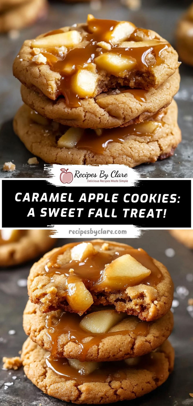 caramel apple cookies stacked on top of each other with the words, caramel apple cookies a sweet fall treat