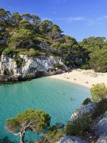 the beach is surrounded by trees and rocks