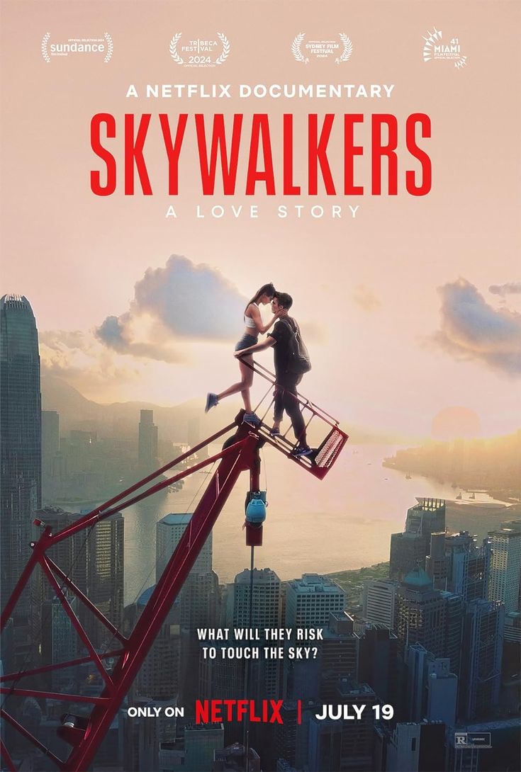 the poster for skywalkers starring actors on top of a ferris wheel with cityscape in the background