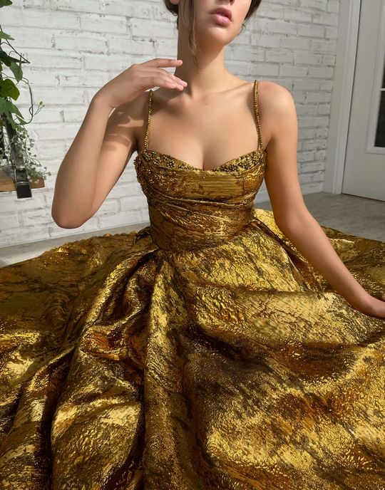 Autumn Leaves Gown | Teuta Matoshi Vintage Spaghetti, Teuta Matoshi, Satin Ball Gown, Gold Gown, Dream Dresses, Long Prom Dresses, Gold Dress, Fancy Dresses, Prom Dresses Long