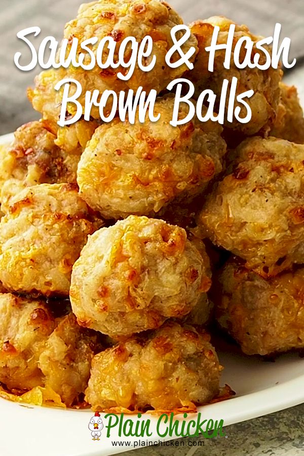 sausage and hash brown balls on a white plate with the words, sausage and hash brown balls