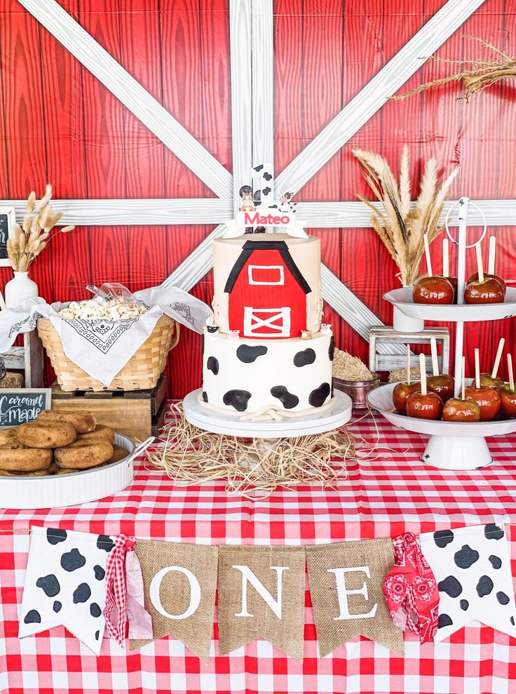 a red and white checkered table cloth topped with cake, donuts and desserts