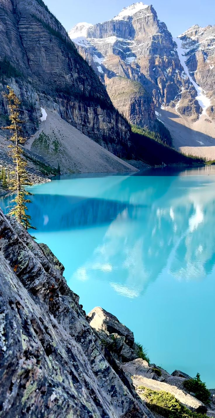 a blue lake surrounded by mountains and trees