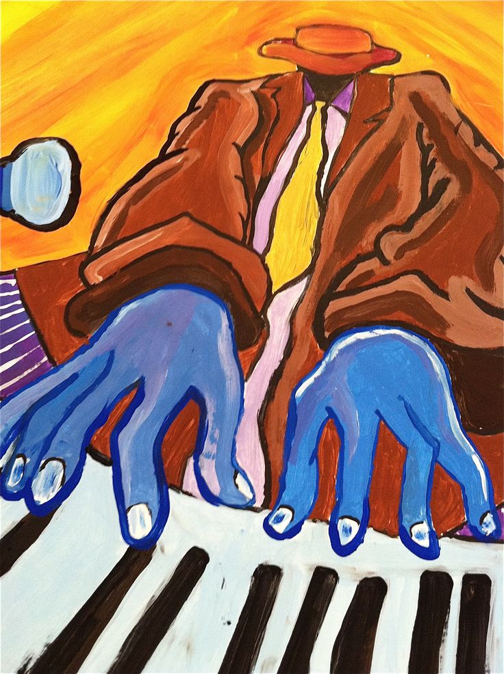 a painting of two hands on top of a piano