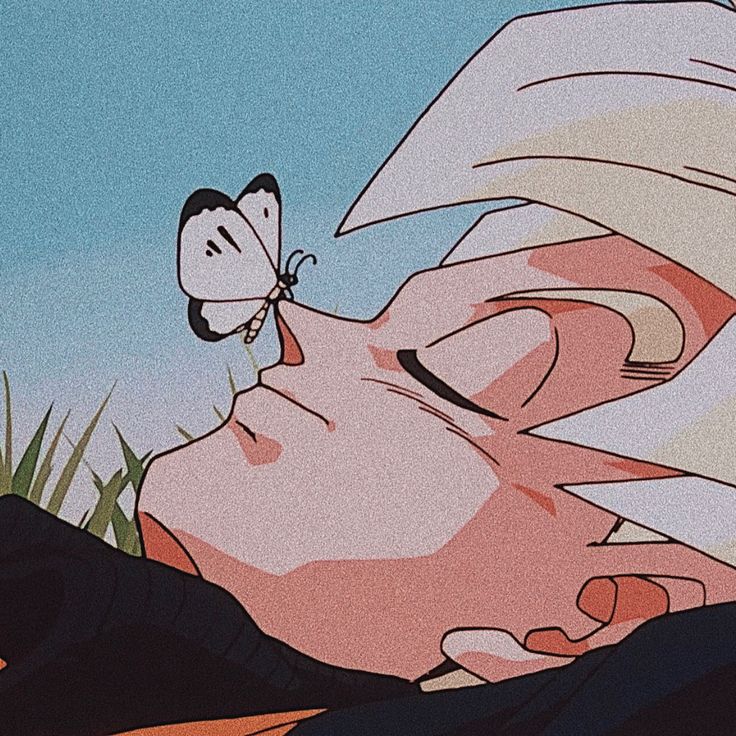 a cartoon character laying on the ground with a butterfly flying over his head