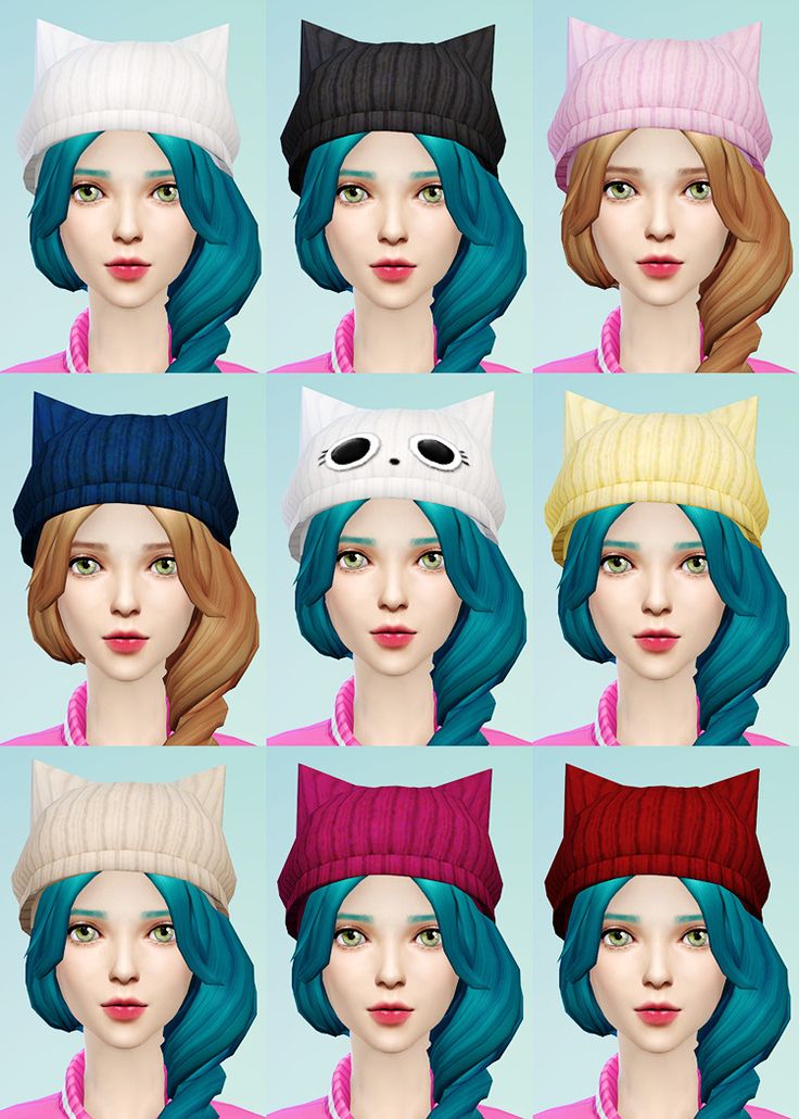 many different types of hats with blue hair and cat ears on each one, all in different colors