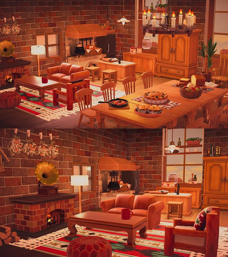 the interior of a living room and dining room are depicted in two separate images, each with different furniture