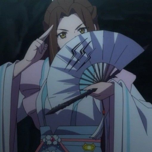 an anime character holding a fan in her hand