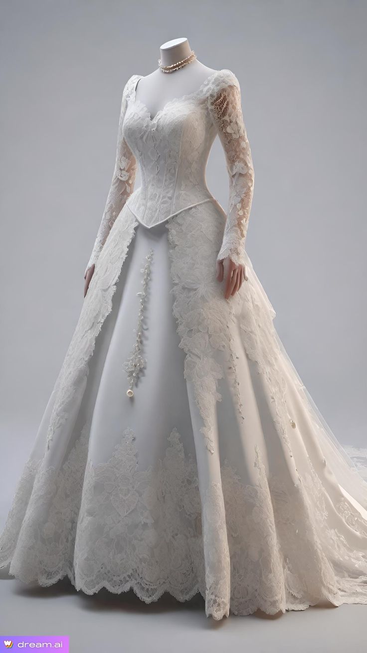 a white wedding gown with long sleeves and lace on the skirt is shown in full view