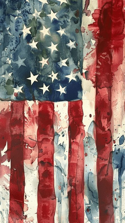 an american flag painted in red, white and blue with watercolors on it