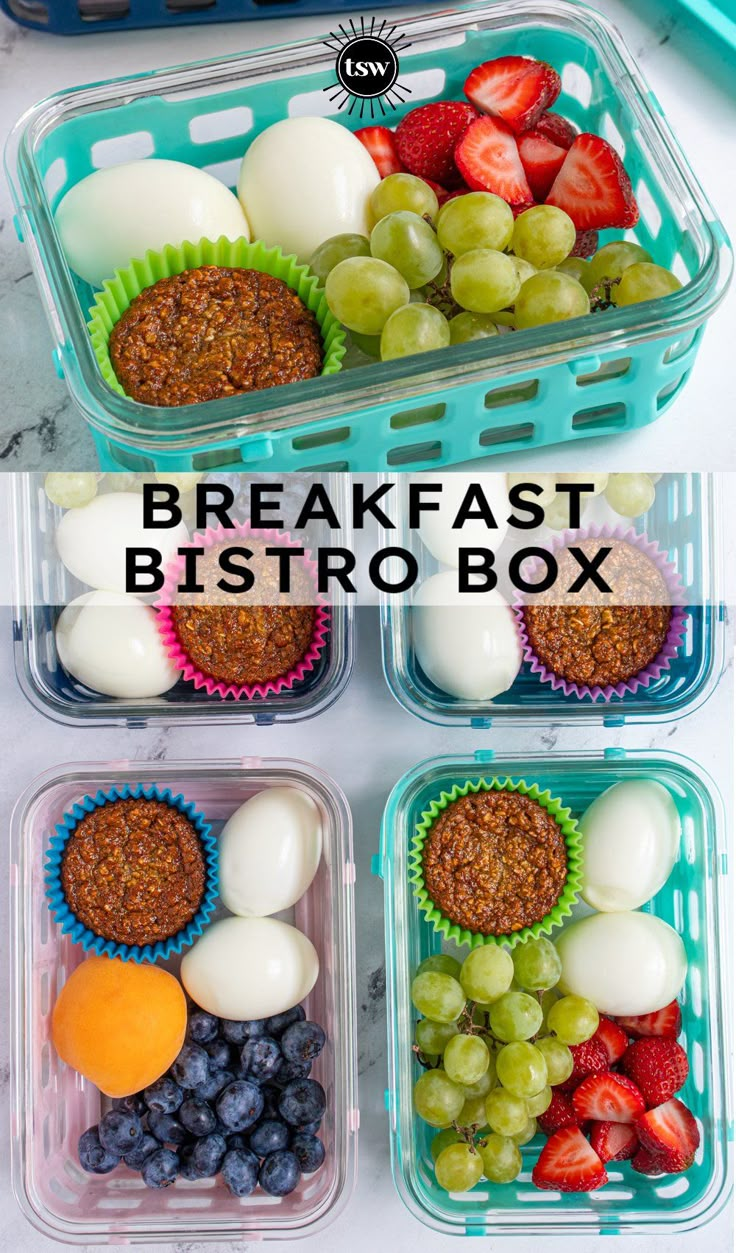 three plastic containers filled with different types of breakfast foods and the words, breakfast bistro box