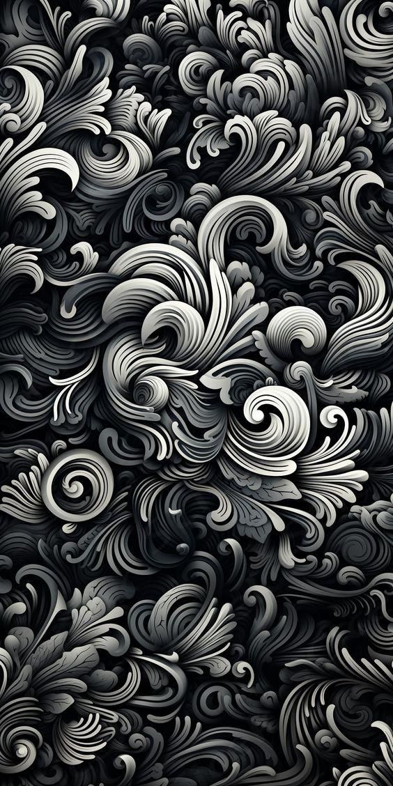 an abstract black and white background with swirly waves in the shape of flowers or leaves