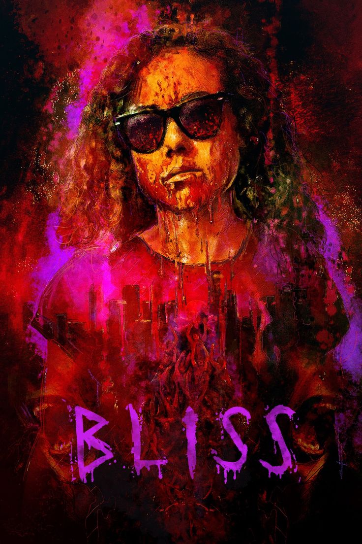 a digital painting of a man wearing sunglasses and the word bliss painted on it's face