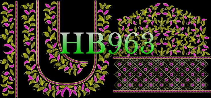 an embroidery design with the letters hb083 in green, pink and purple